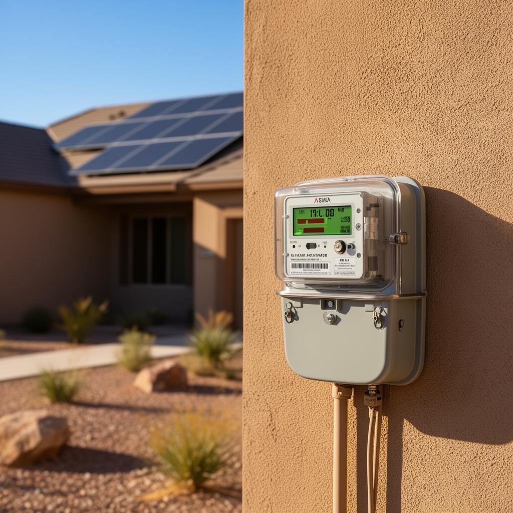 Power meter showing solar energy flowing to the grid